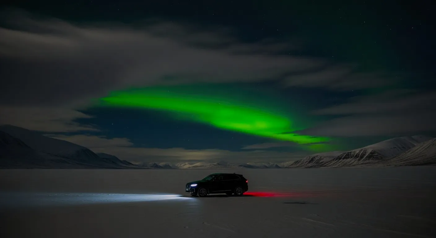 Car parked beneath green northern lights over the ice in Varanger