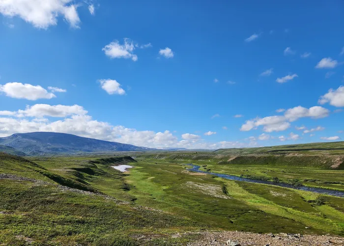 Green tundra landscape with a river and mountains in Varanger