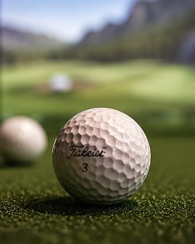 Golfball på kunstgress foran simulatorlerretet i Vadsø Golf Lounge